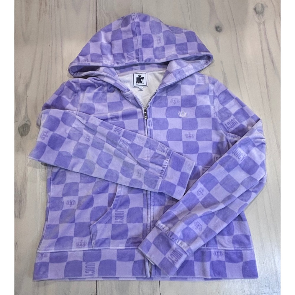 Juicy by Juicy Couture Purple Checkered Velour Full Zip Hoodie XXL Crown Y2K